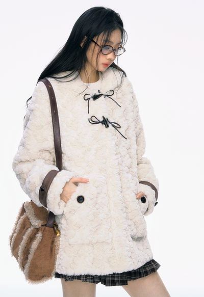 Ribbon Off-white Fur Cotton Coat PUN0039