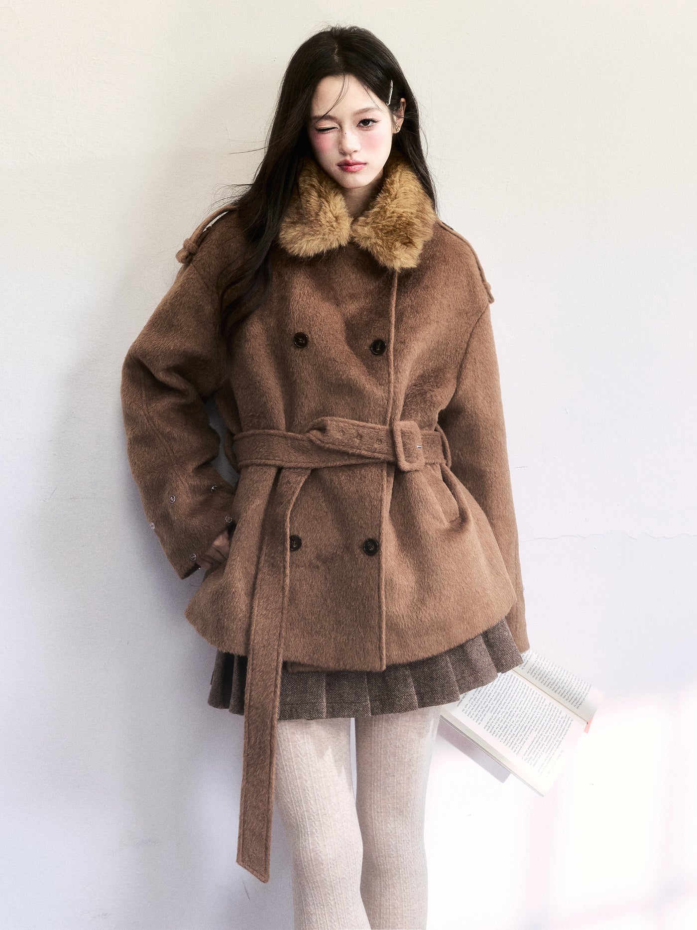 Brown Fur Collar Wool Coat FRA0501