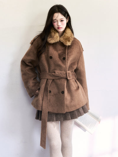 Brown Fur Collar Wool Coat FRA0501