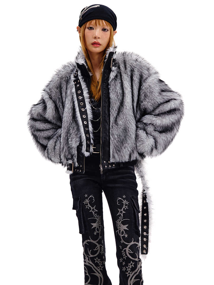 Gray Fur Leather Patchwork Jacket CFI0059