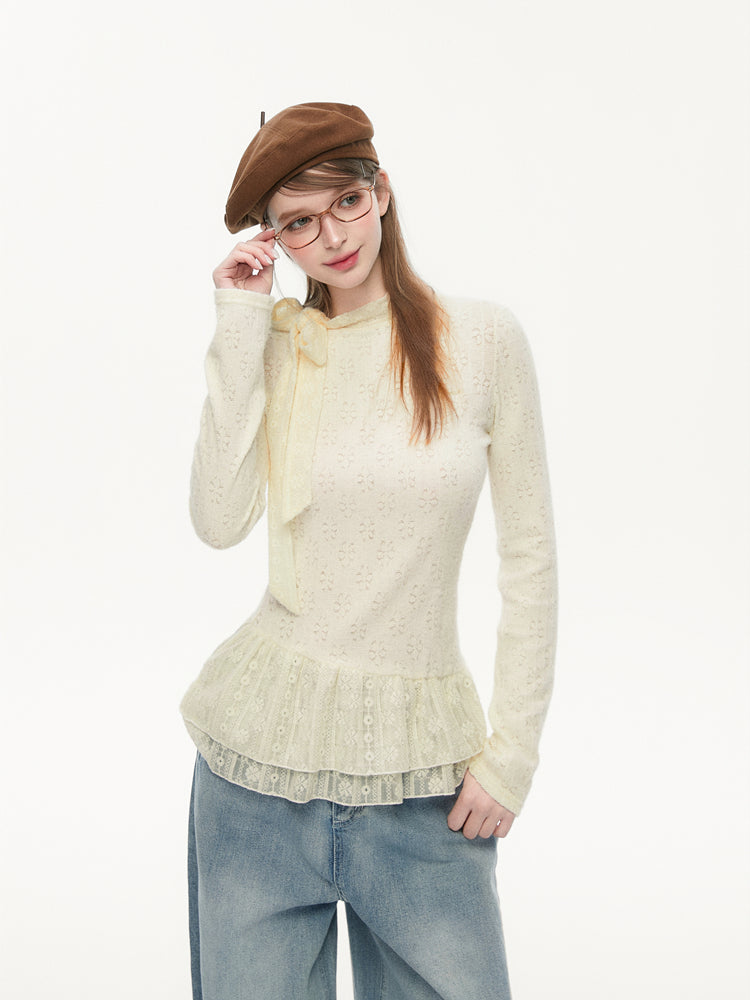Lace Bow Tie Long Sleeves Top SPE0079