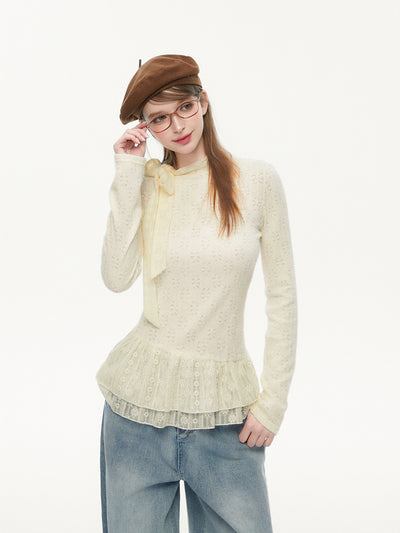 Lace Bow Tie Long Sleeves Top SPE0079