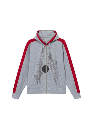 Red Line Hooded Patchwork Sweatshirt Jacket ELY0024