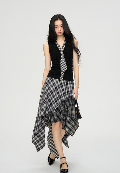 Plaid Tie Slim Sleeveless Shirt PUN0061