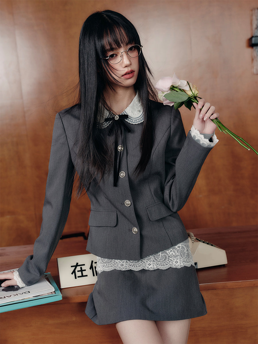 Gray Lace Suit Bow Jacket/Skirt/T-shirt FRA0436