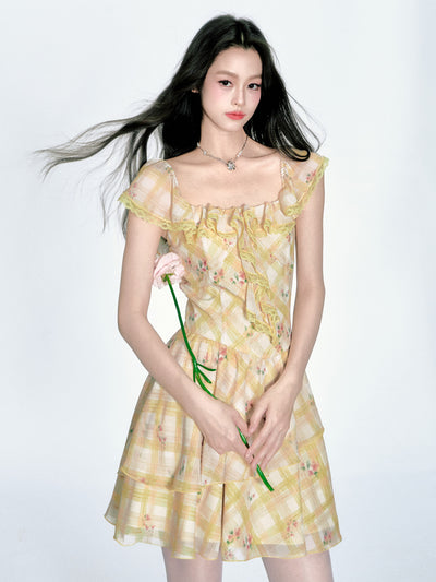Ruffle Floral Plaid Dress FRA0364
