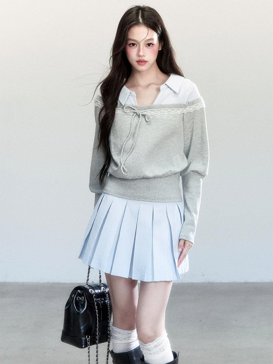 Fake Two-piece Sweatshirt/Stripe Pleated Skirt FRA0440