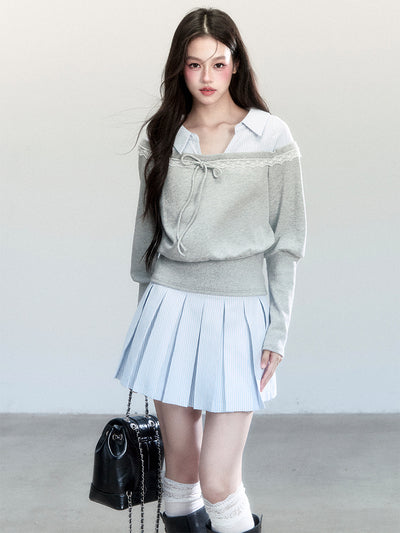 Fake Two-piece Sweatshirt/Stripe Pleated Skirt FRA0440