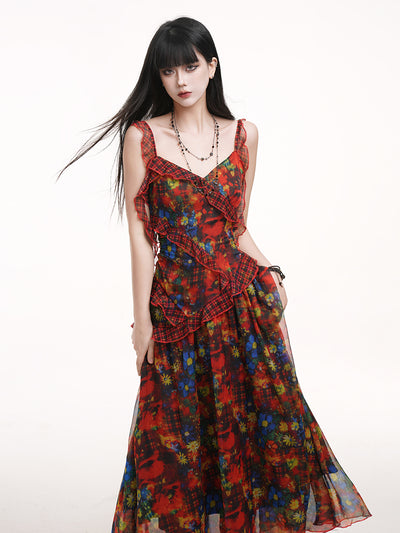 Red Floral Suspender Dress LAD0168