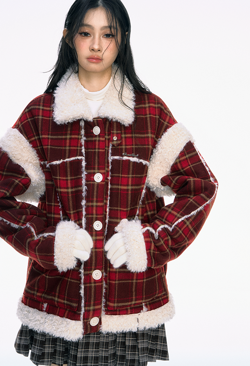 Red Plaid Woolen Fur Coat PUN0040