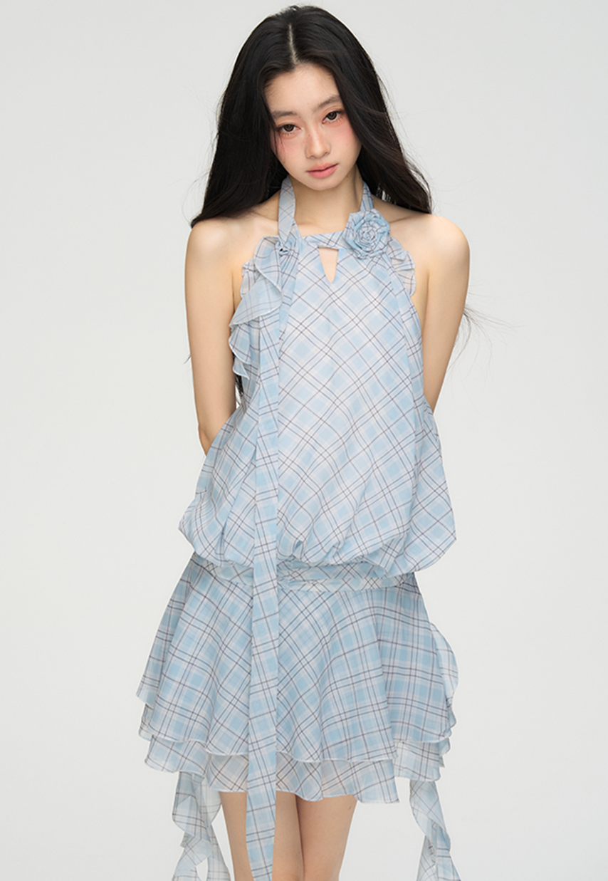 Flower Backless Plaid Irregular Dress PUN0073