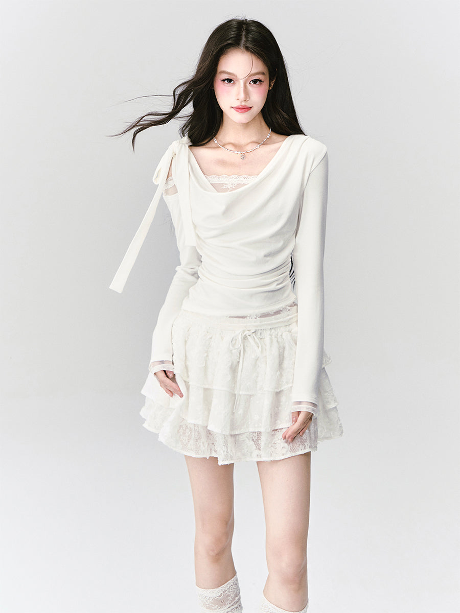Cream Lace Swing Neck Top/Lace Cake Skirt FRA0410