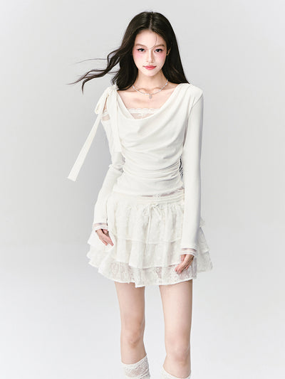 Cream Lace Swing Neck Top/Lace Cake Skirt FRA0410