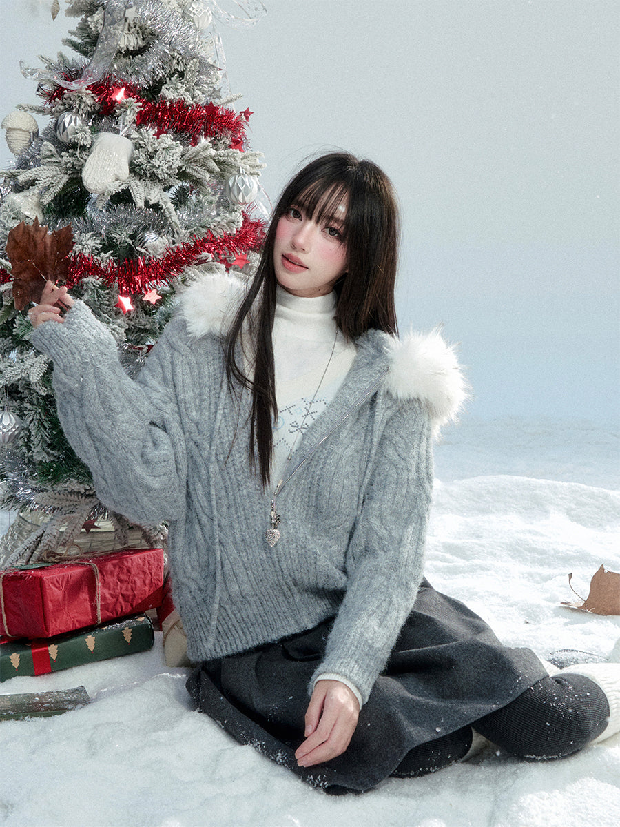 Large Fur Collar Knitted Jacket FRA0474