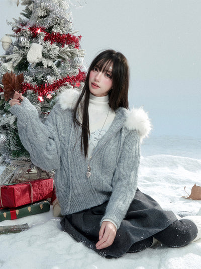 Large Fur Collar Knitted Jacket FRA0474