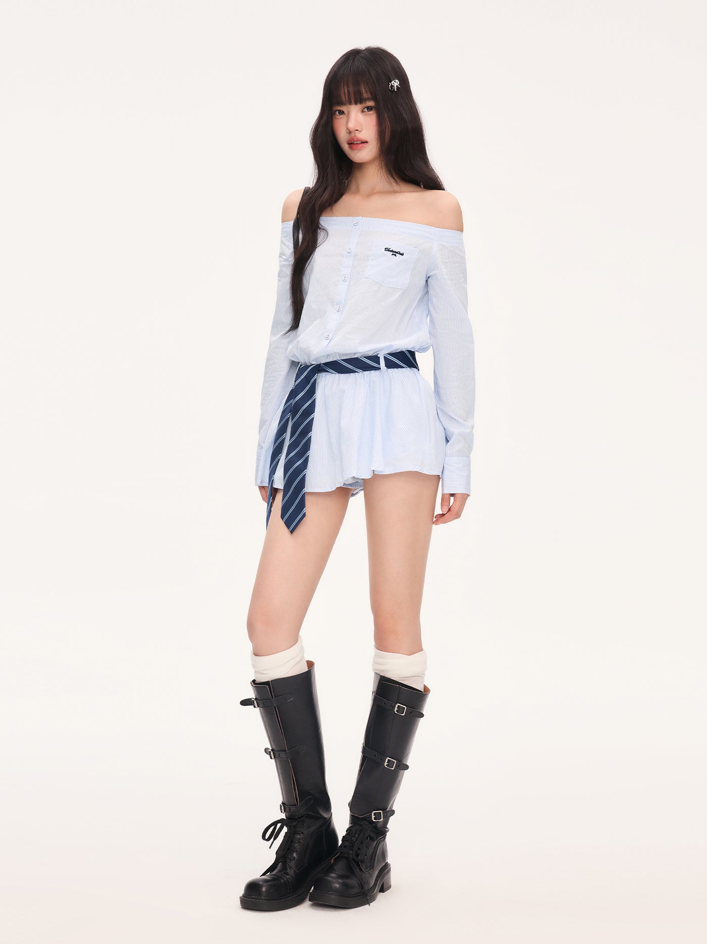 Striped Off-Shoulder Shirt Dress WEE0067