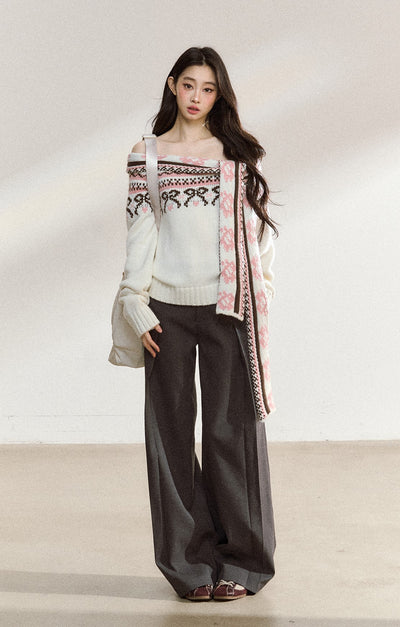 White Off-shoulder Jacquard Sweater SHI0219