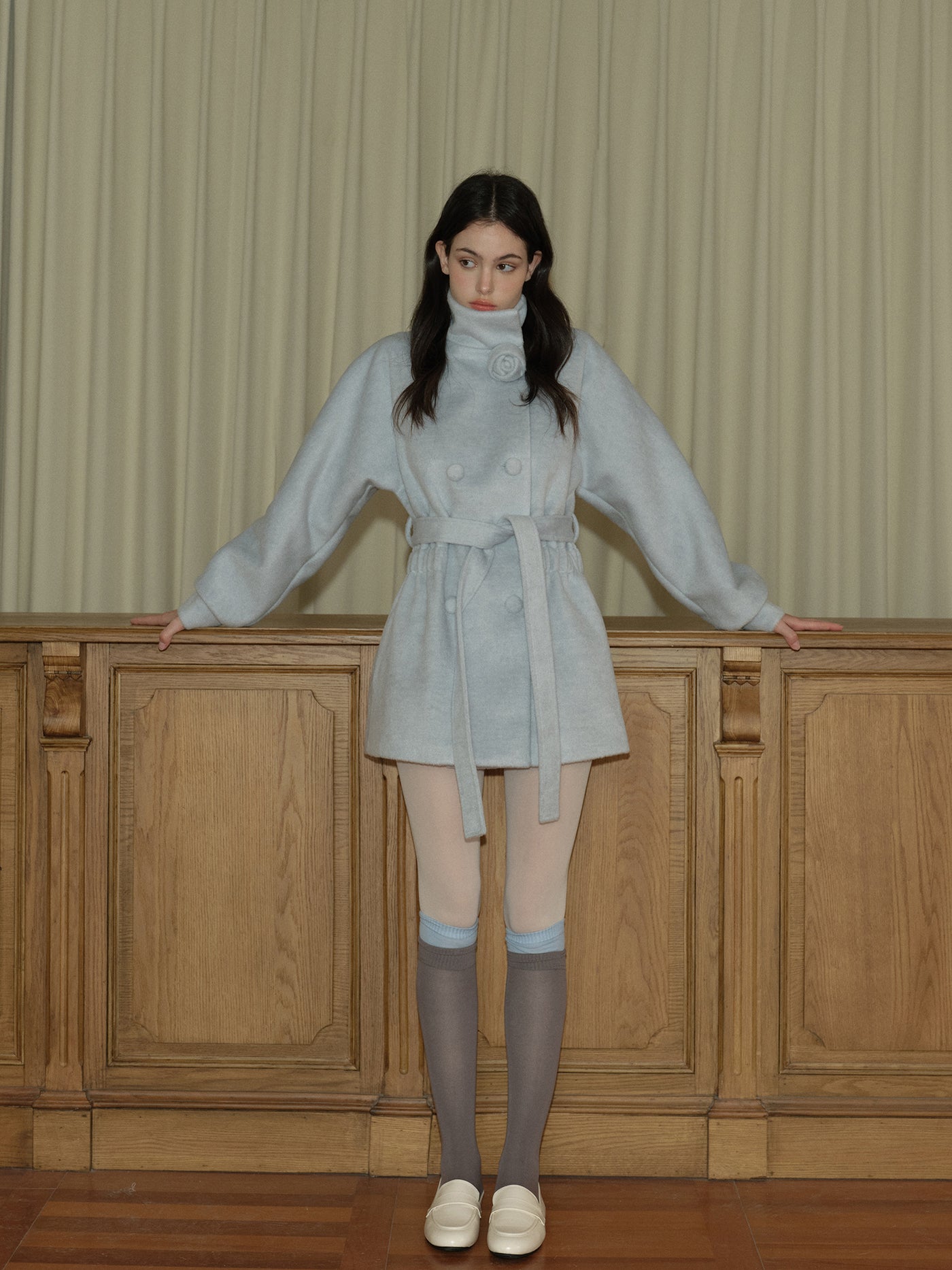 Glacier Blue Three-dimensional Rose Woolen Coat REC0065