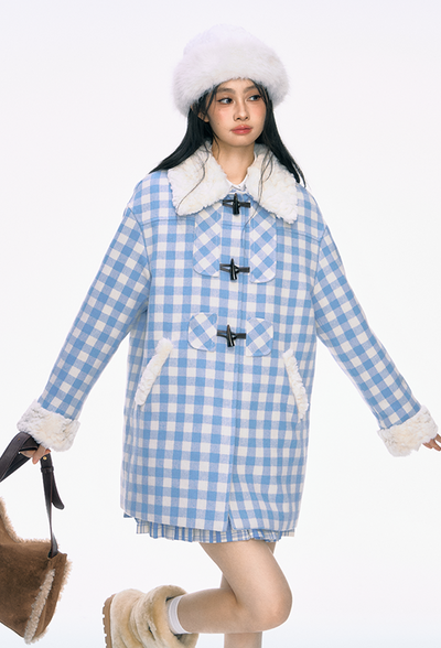 Fur Collar Horn Button Blue Plaid Cotton Coat PUN0031