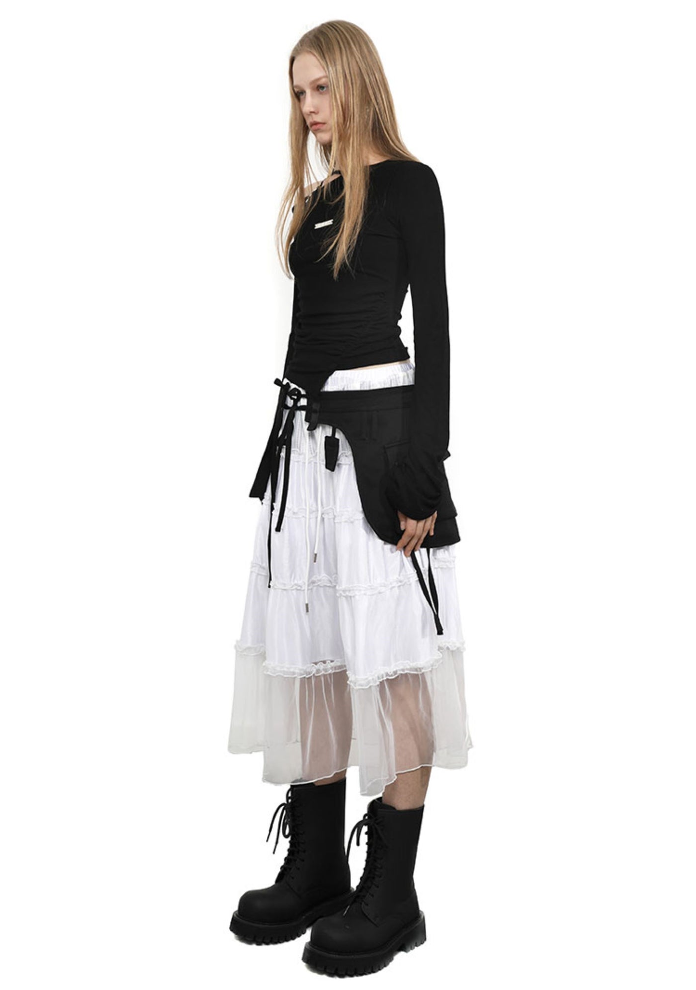 Black Irregular Pockets Outer Skirt ANY0087