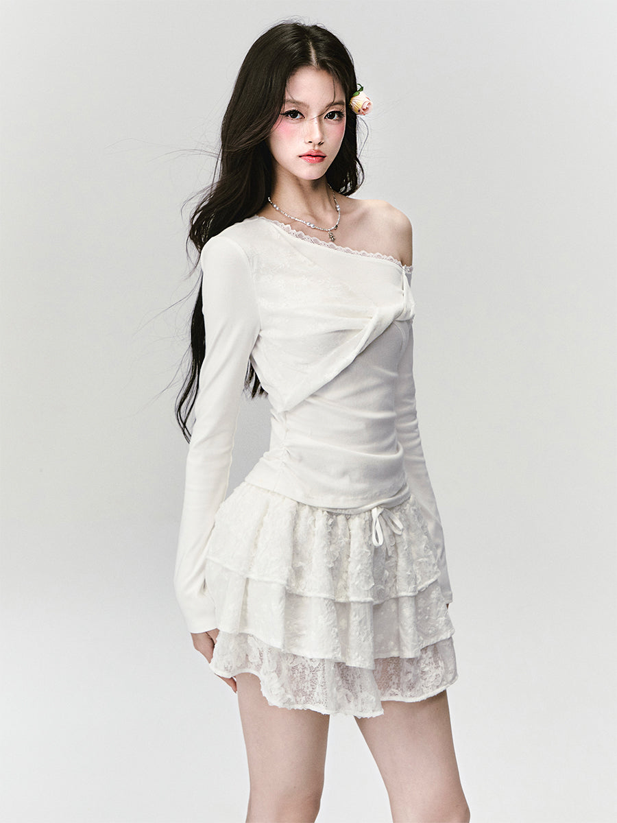 White One-shoulder Lace Twist T-shirt FRA0431