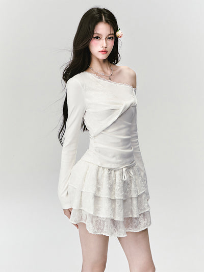 White One-shoulder Lace Twist T-shirt FRA0431