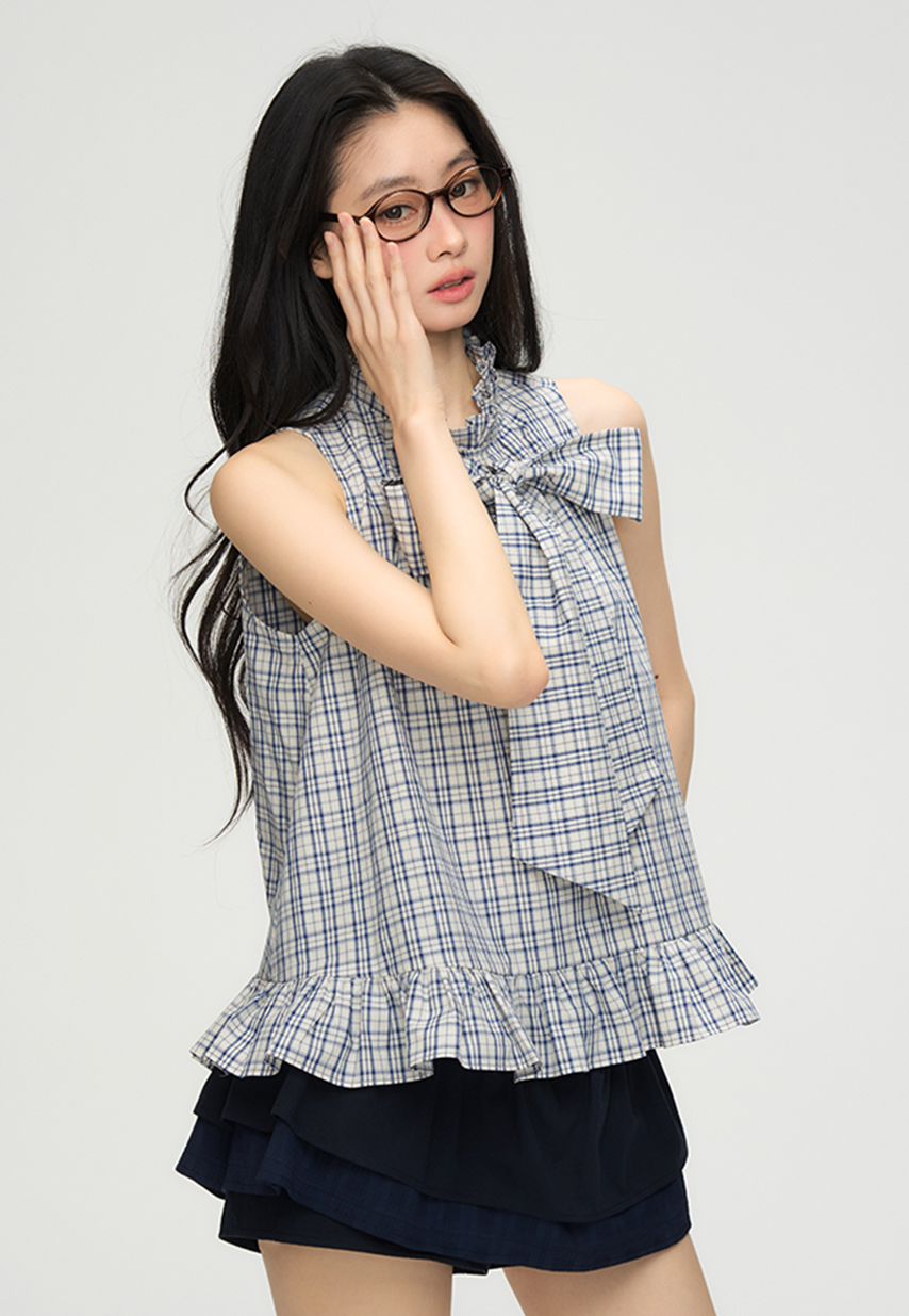 Plaid Long Bow Tie Lace Shirt PUN0067