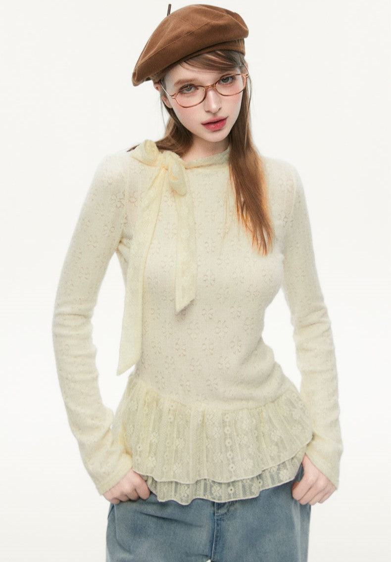 Lace Bow Tie Long Sleeves Top SPE0079