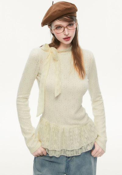 Lace Bow Tie Long Sleeves Top SPE0079