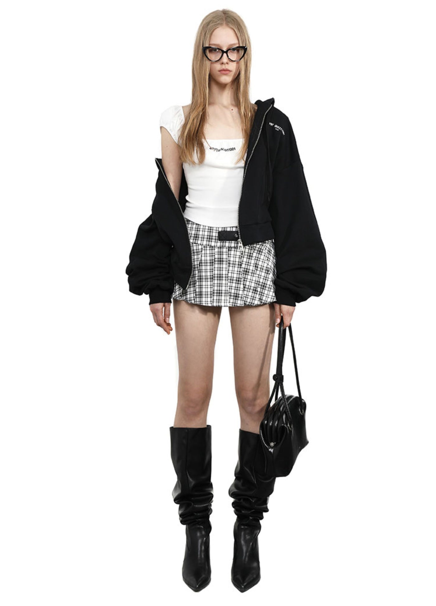 Leather Button Plaid Pleated Skirt ANY0081