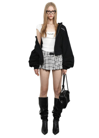 Leather Button Plaid Pleated Skirt ANY0081