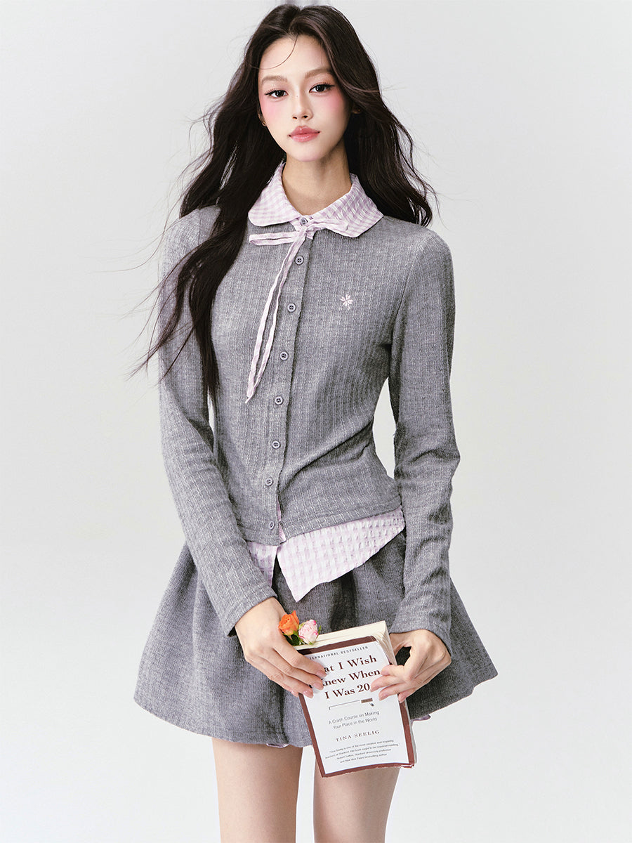 Plaid Collar Knitted Top/Skirt FRA0418