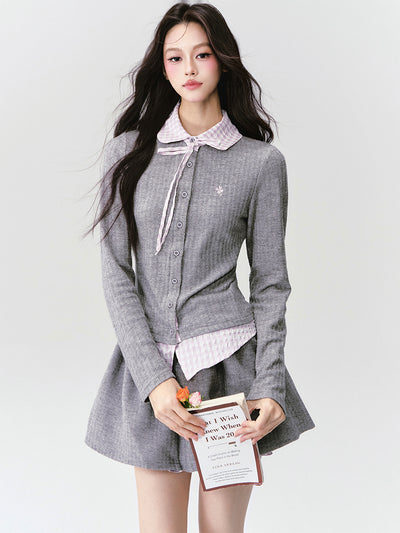 Plaid Collar Knitted Top/Skirt FRA0418