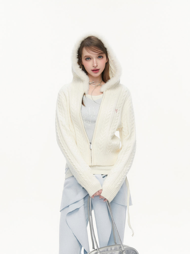 Fur Collar Jacquard Sweater Jacket SPE0074