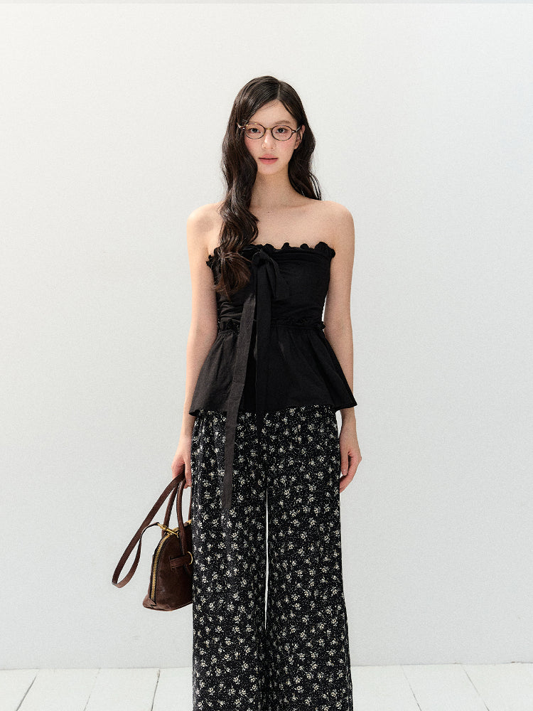 Black Lazy Drape Flower Pants SHI0145