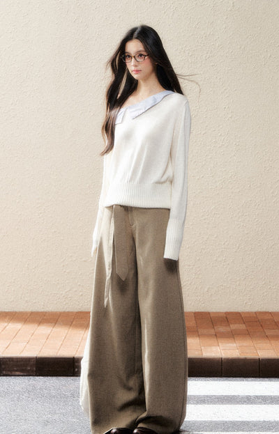 White Oblique Shoulder Shirt Sweater SHI0188