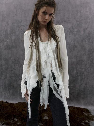 Pleated Ribbon Ruffled Chiffon Shirt DOU0124