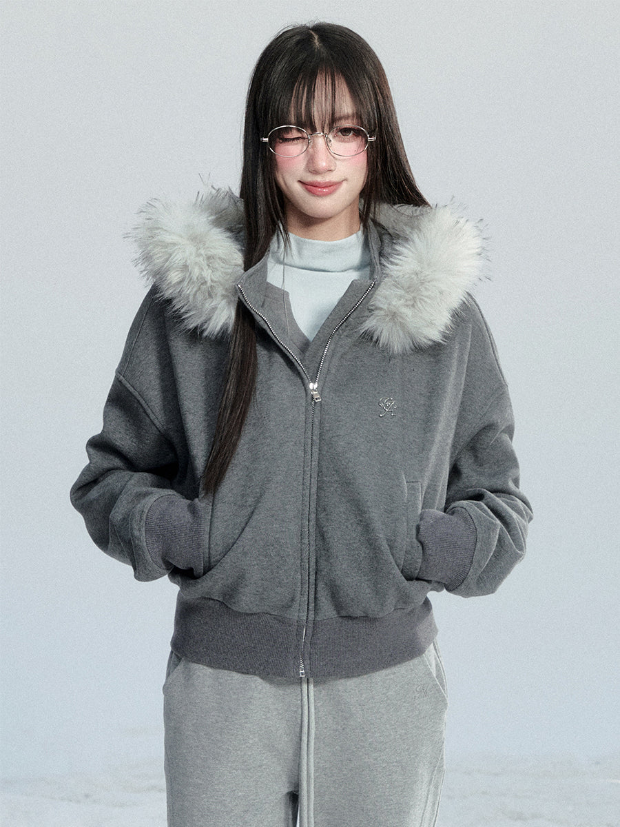 Large Fur Collar Hooded Sweatshirt Jacket FRA0481