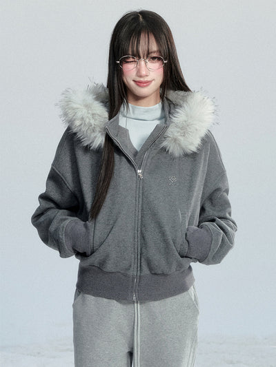Large Fur Collar Hooded Sweatshirt Jacket FRA0481