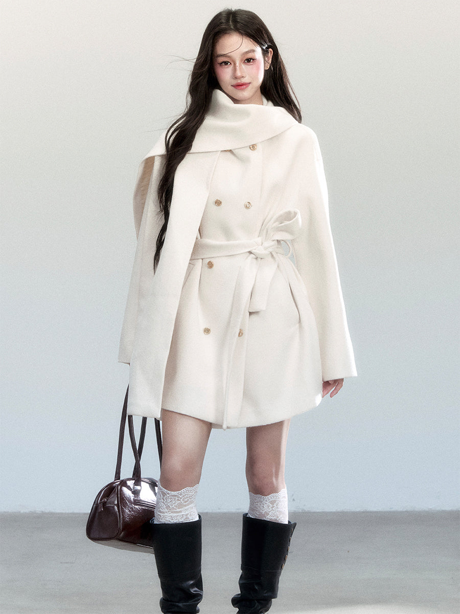 White Lace-up Elegant Scarf+Coat FRA0454