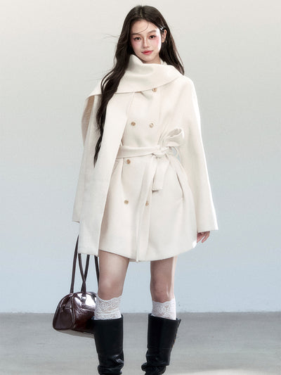 White Lace-up Elegant Scarf+Coat FRA0454