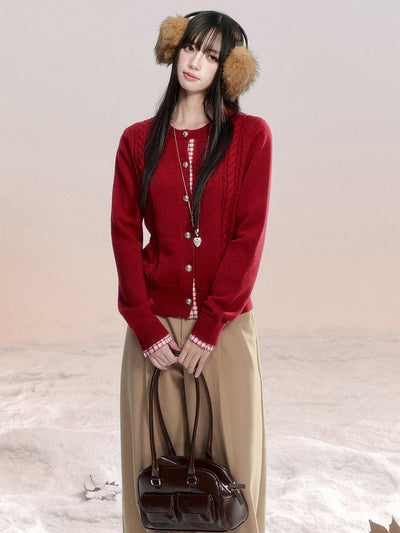 Red Faux Two-piece Plaid Knit Cardigan FRA0485