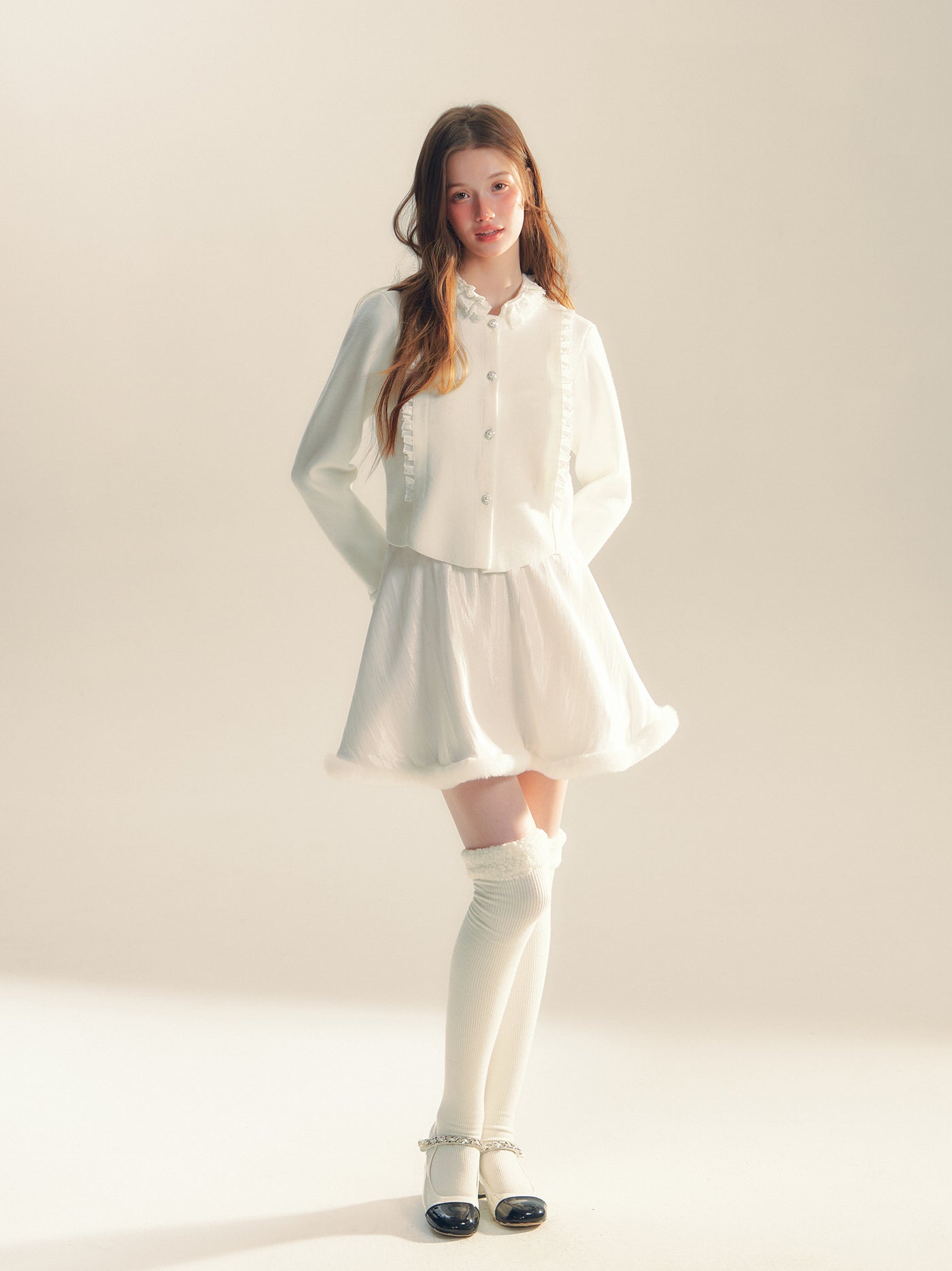 White Satin Texture Fur Short Skirt REC0061