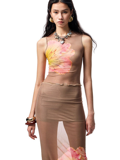 Floral Print Rhinestone Top/Long Skirt JIN0021
