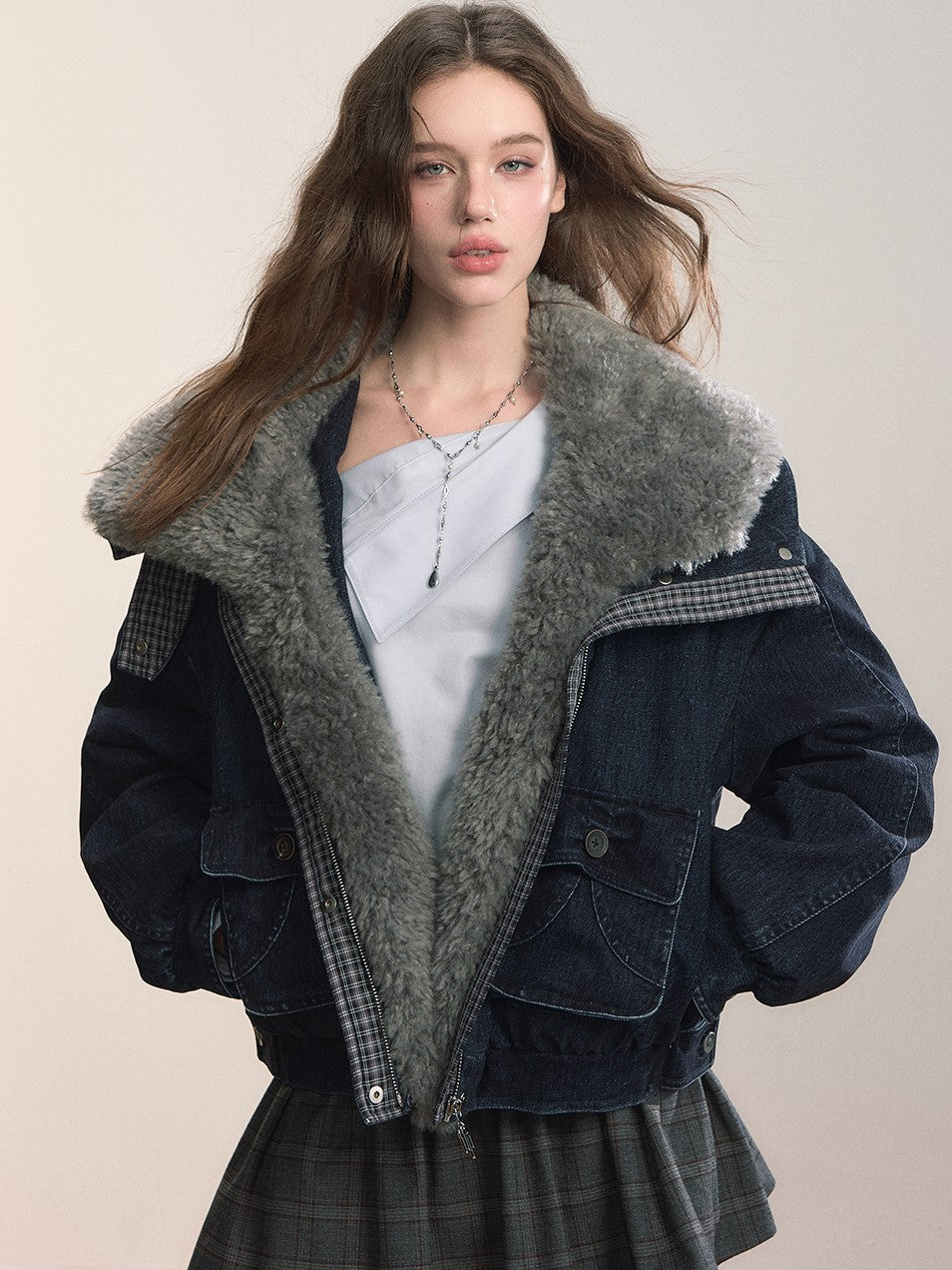 Velvet Denim Large Fur Collar Jacket VIA0362
