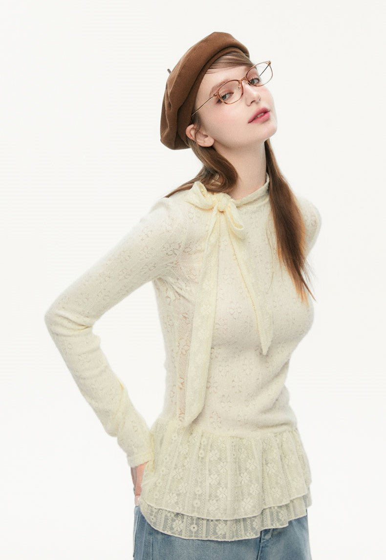 Lace Bow Tie Long Sleeves Top SPE0079