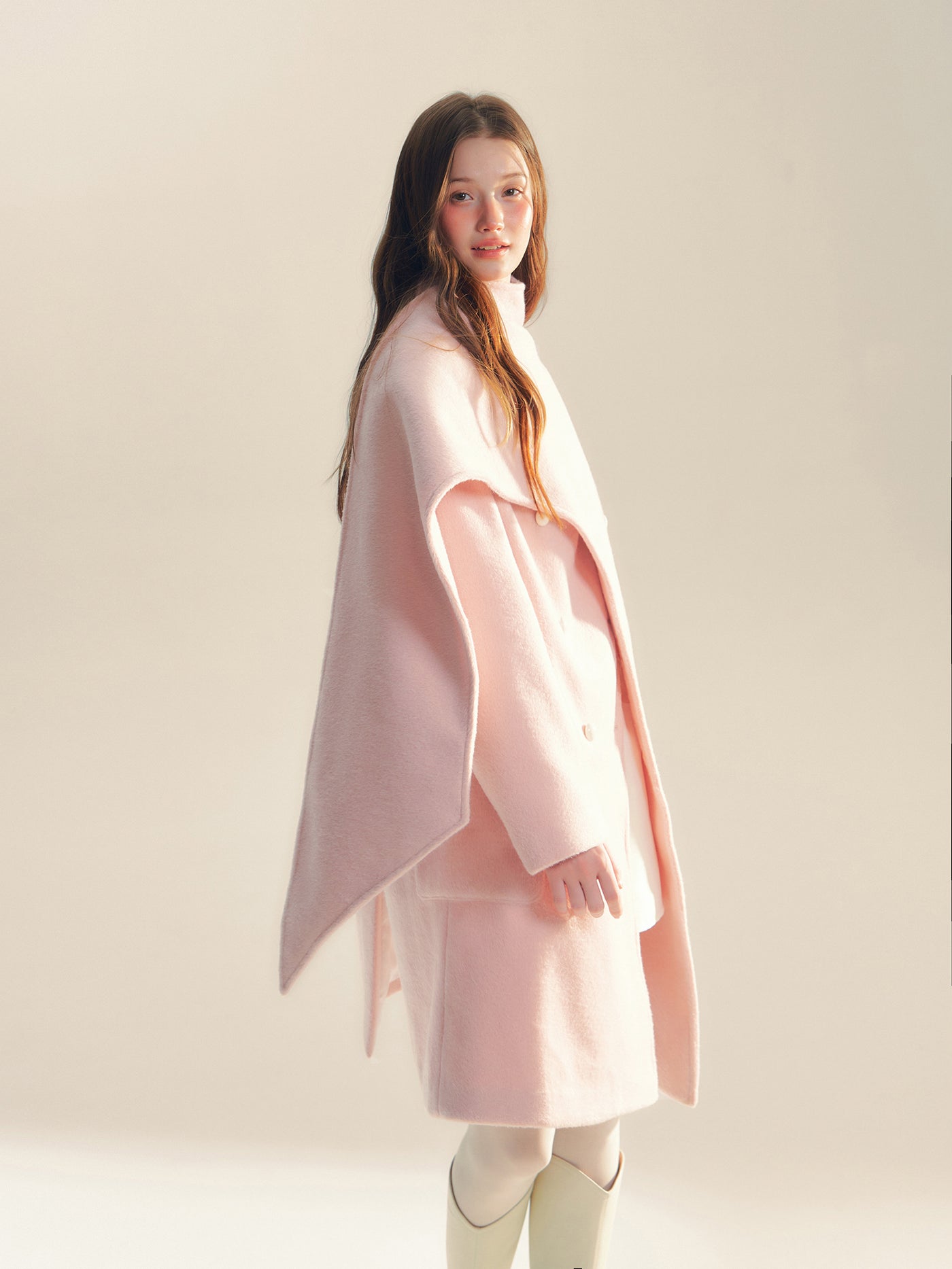 Pink Wool Scarf Silhouette Medium Coat REC0060