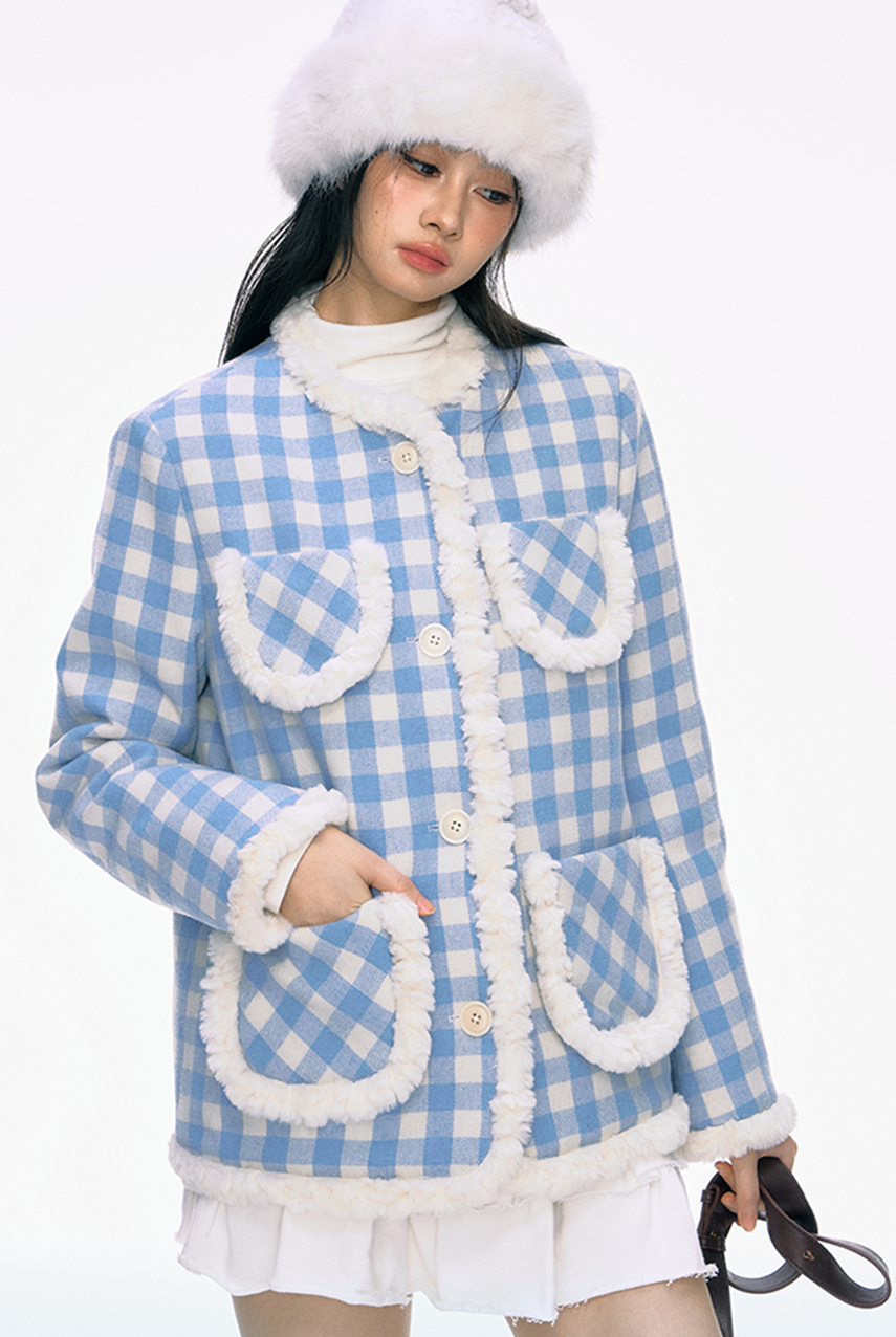 Fur Edge Blue Plaid Cotton Jacket PUN0030