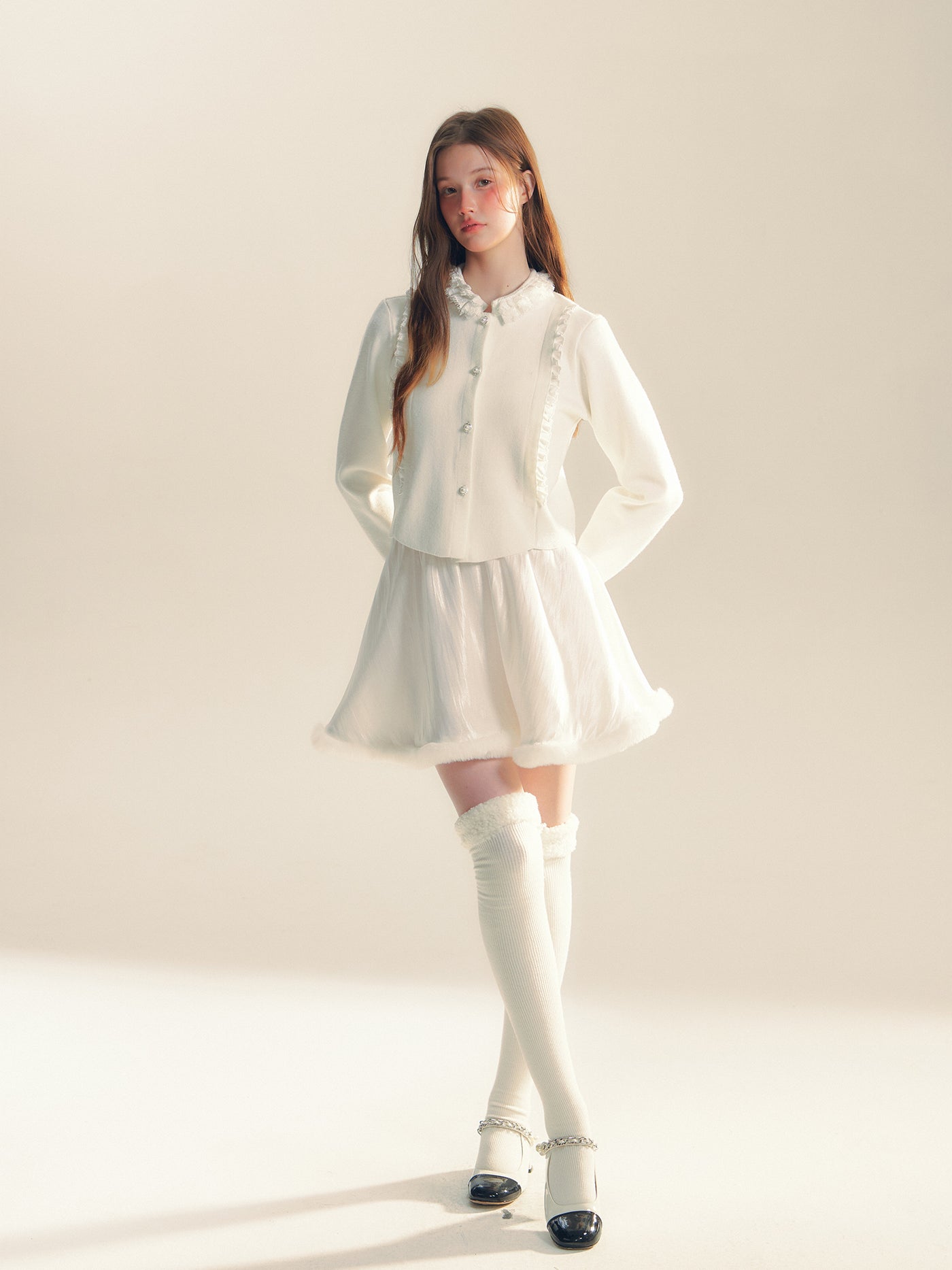 White Satin Texture Fur Short Skirt REC0061