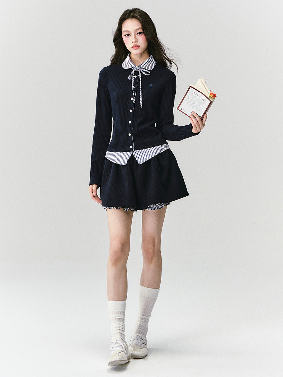 Plaid Collar Knitted Top/Skirt FRA0418